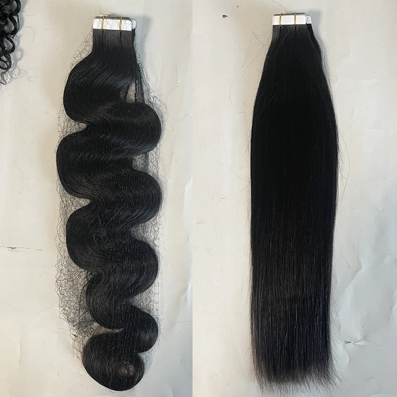Skin Weft Human Hair Extensions Body Wave 14-30inch Mongolian Remy Double Sided Adhesive Tape In Yaki Curly PU Hair Extensions