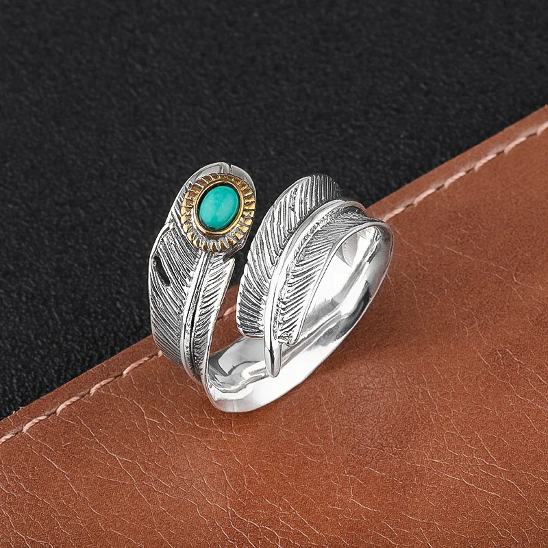 Bague réglable en argent regardé S925 avec plume turquoise pour homme et femme, index incrusté personnalisé, tendance rétro