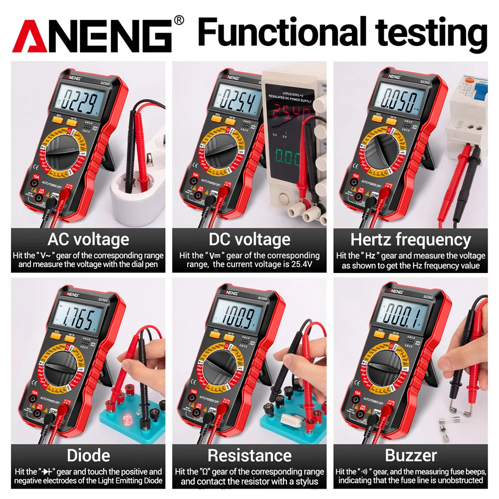 ANENG SZ305+BT173 디지털 멀티미터 1999 카운트 AC/DC 전압 전류 NCV 배터리 테스터 9V/12V 버튼 용량 감지기 도구