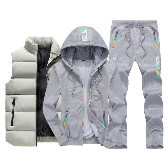 Men Tracksuit Outfit Sweat Suit New Winter Men's Clothing Men Sets 3 Pieces Vest Hoodie Set Fleece Zipper Casual Sport Sweatpant 6