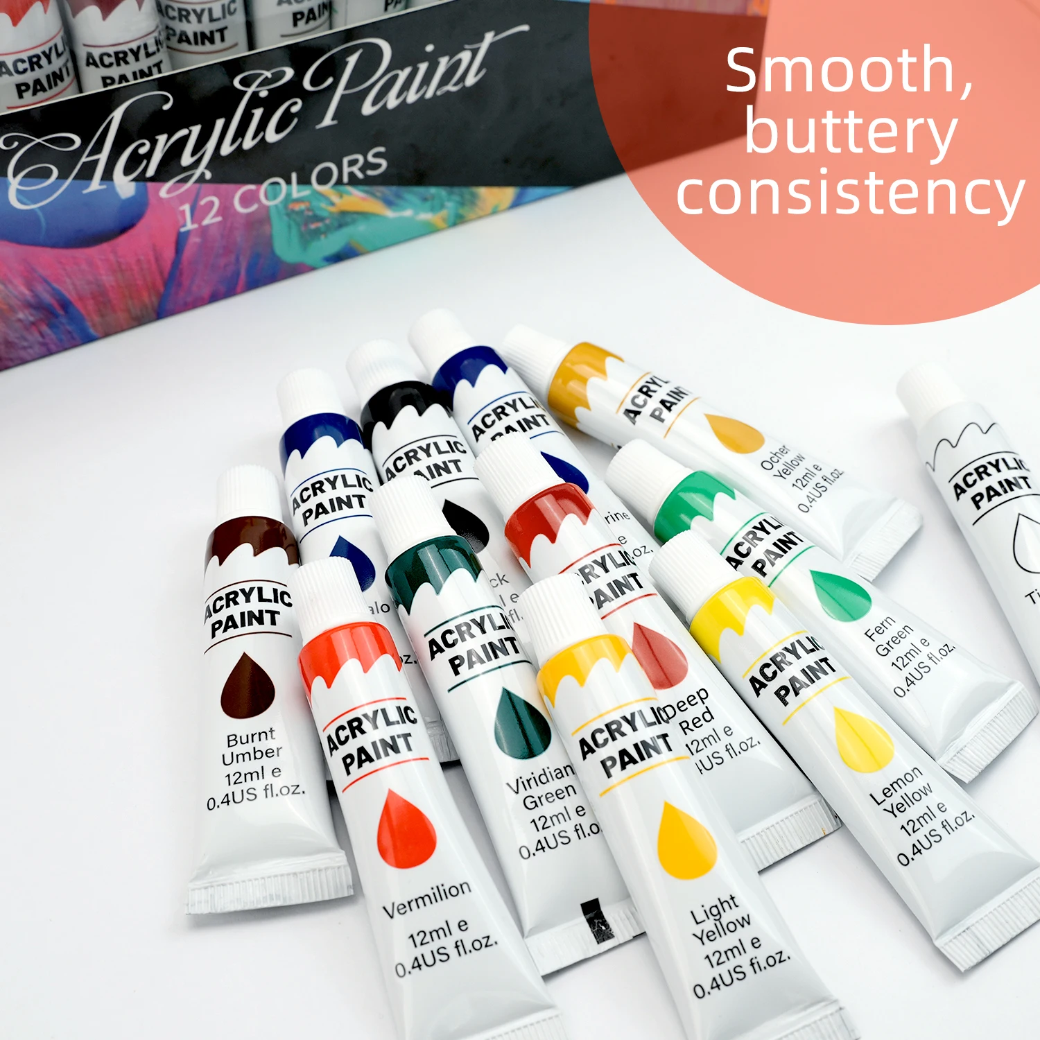 Acrylic Paint Set 12/24 Pack of 12mL Paints,Non-Toxic Craft Paint for Canvas,Wood,Fabric,Leather,Cardboard,Paper,MDF and Crafts 6