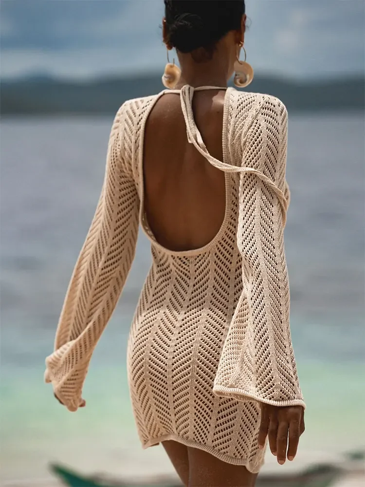 Solid Knit Beach Swimsuit Cover Up Summer 2026 Women Sexy Backless Tassel Lace-up Cut Out Bell Long Sleeve Mini Dress Tunic K110 1
