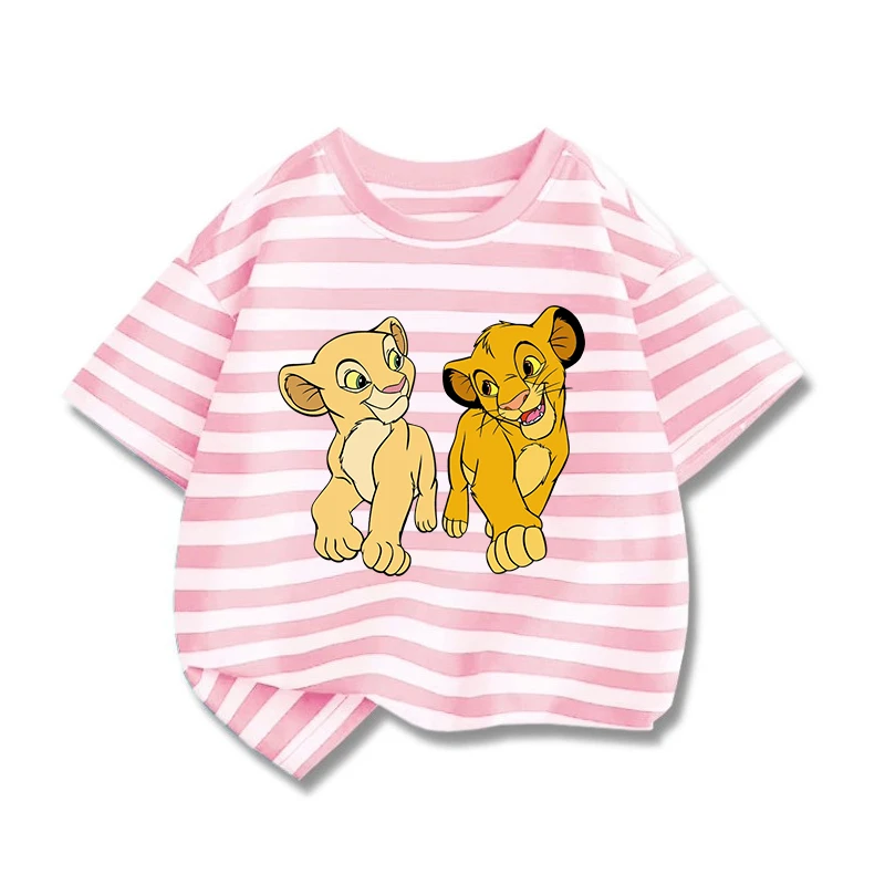 Potdemiel Cute The Lion King Kids T-shirts Summer Striped Short Sleeve Boys Girls Tee Shirt Child Cartoon Simba Tops Clothes 2