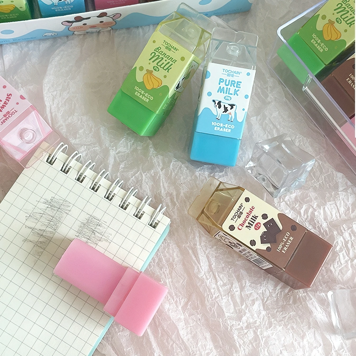 4pcs Pencil Eraser Milk Eraser Set Cartoon Mini Banana Chocolate Less Dust Eco PVC Cleaning Tools