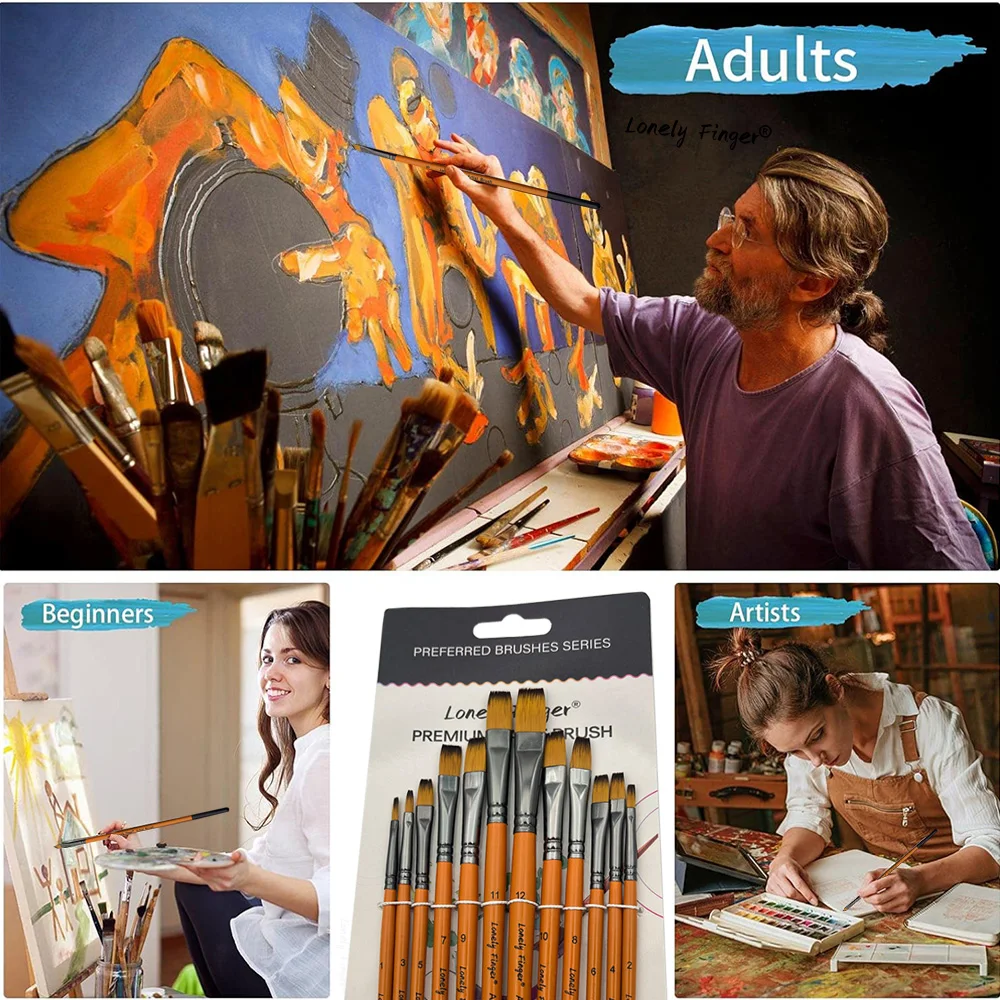 12 Pcs 페인트 브러쉬 아티스트 소프트 플랫 나일론 브리스톨 아크릴 오일 수채화 구 아슈에 대 한 나무 손잡이와 그림 브러쉬