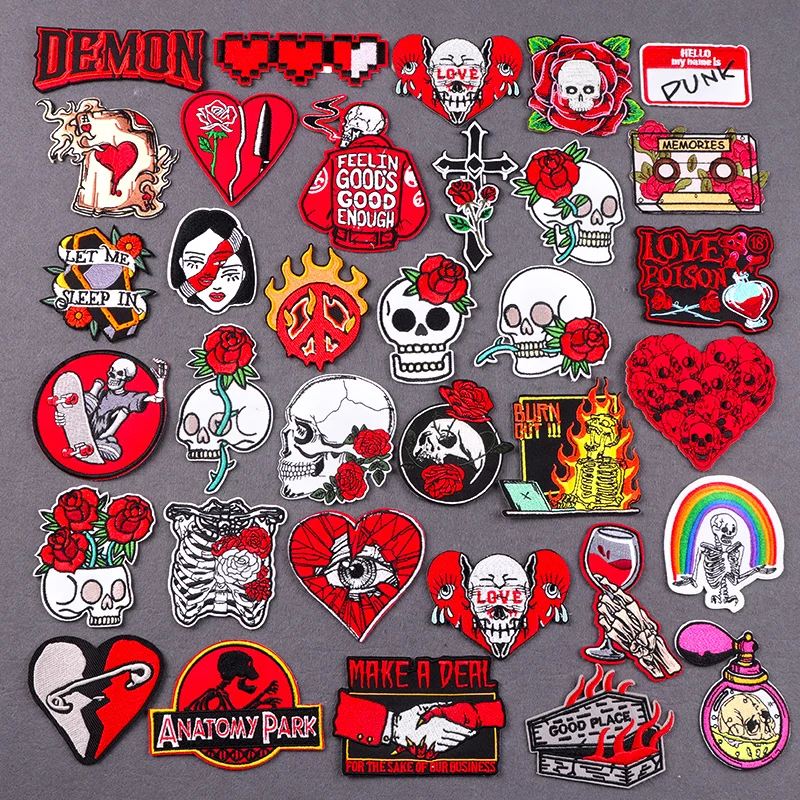Punk Skull Series Patch Per Abbigliamento Fai Da Te Ricamato Fire Iron On Patch Fusibili Adesivi Per Cucire Applique Su Zaino