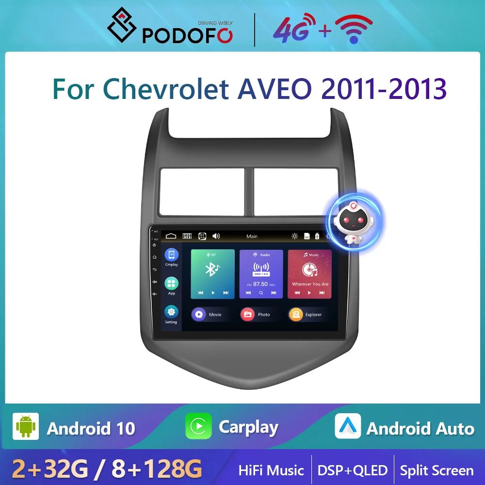 

Podofo 8+128G Car Radio For Chevrolet AVEO 2011-2013 2din 4G WIFI Carplay Autoradio Stereo Player Split Screen HiFi Music