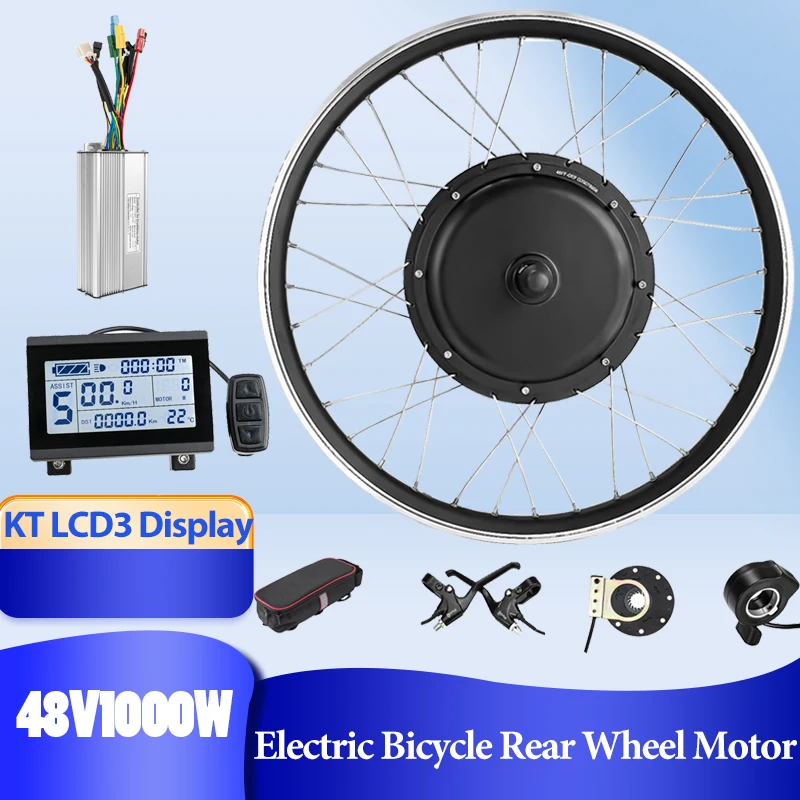 

Electric Bike Conversion Kit 48V 1000W Ebike Motor Brushless Motor with KT LCD3 Display Rear Hub Wheel Motor 20in 26in