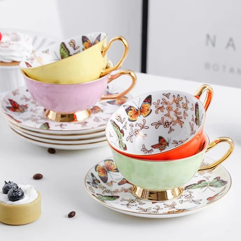 220ML Fine Bone china Tea Cup Set With Saucer Colorful Butterfly Design Tasse a cafe Ceramic cup Espresso Coffee cup saucer coffee cup tea cup