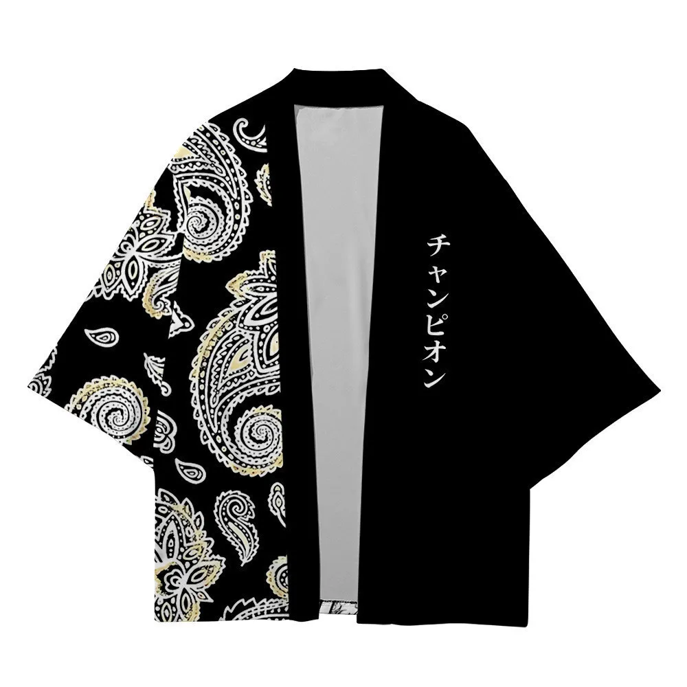 Men Women Japanese Style Kimono Cardigan Letter Print Haori Yukata Summer Harajuku Loose Fit Open Front Shirts