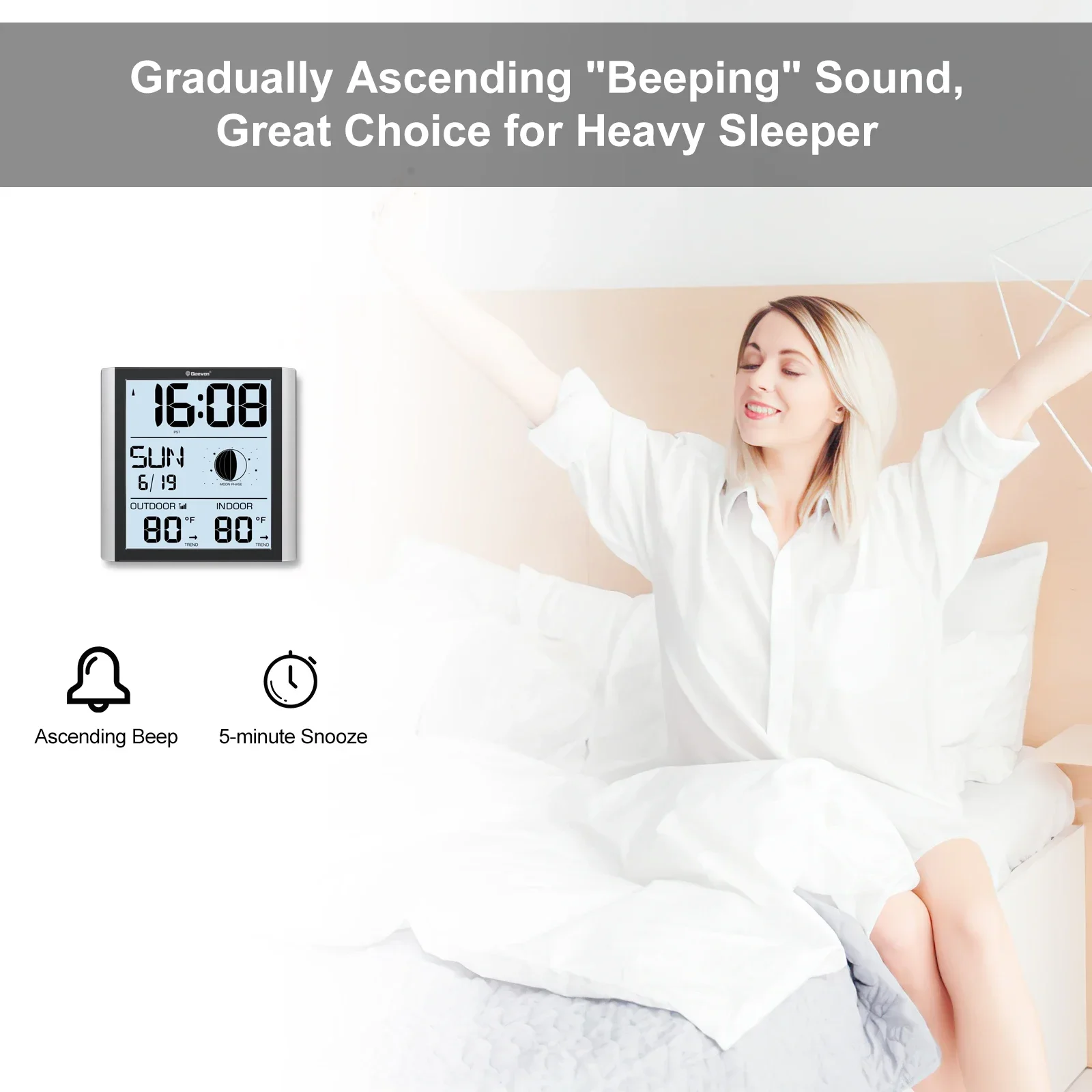Atomic Wall Clock With Backlight Auto-Set Digital Atomic Alarm Clock With Indoor Outdoor Temperature Calendar Moon Phase