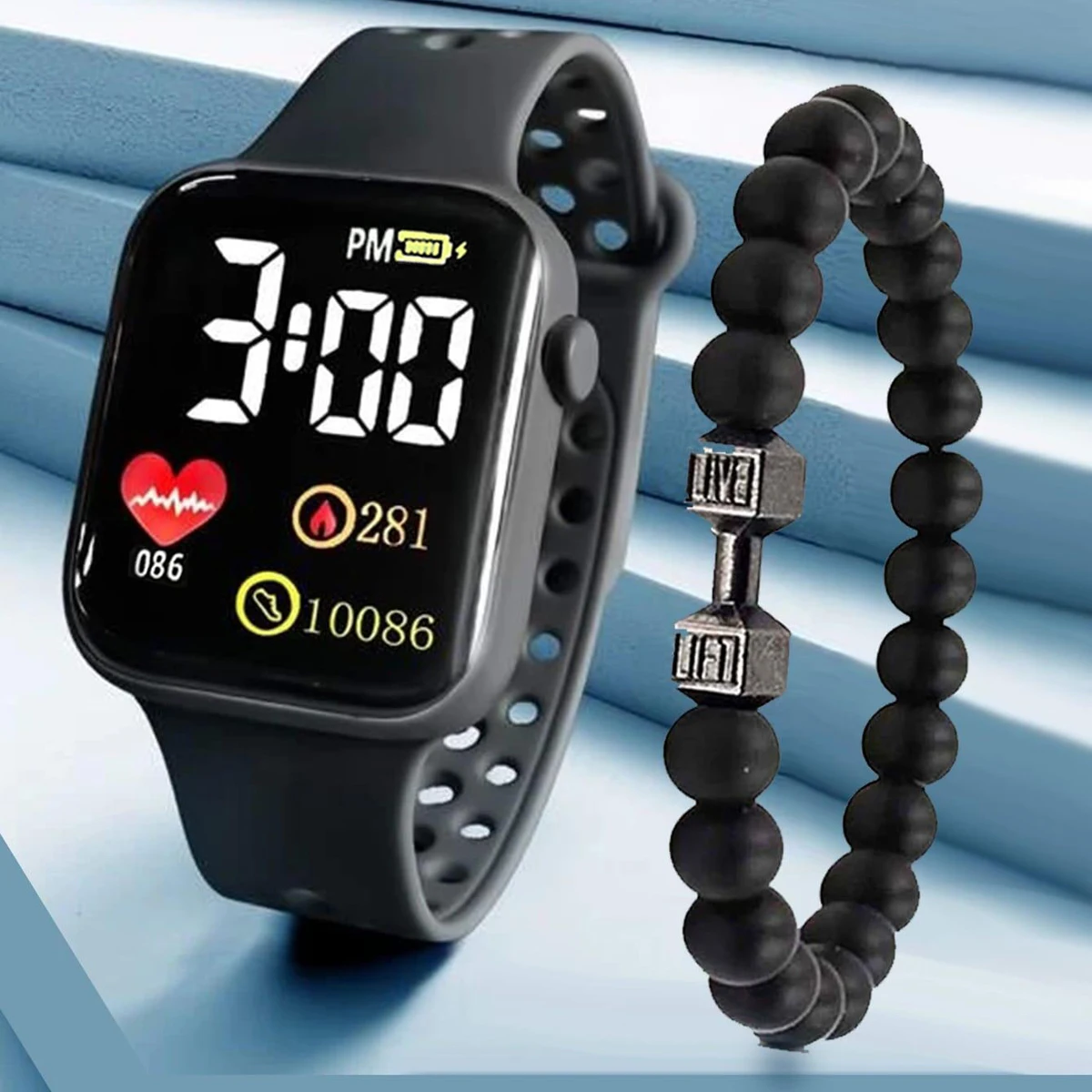 소년 소녀 사랑 LED 전자 실리콘 스퀘어 스포츠 시계, 덤벨 팔찌 세트 1 개 