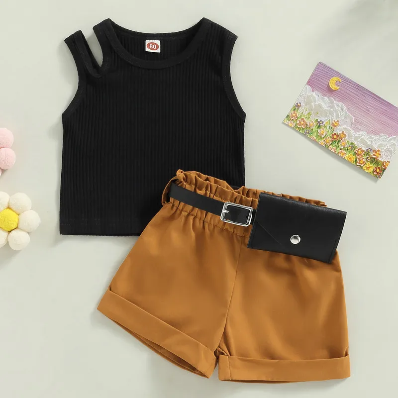 

Kids Baby Girls Short Sets Summer Clothes Outfit 2023 Sleeveless Ribbed Tank Tops Shorts Fanny Pack Set 6 Months to 4 Years