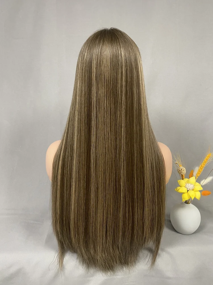 Gorgeous Lace Frontal Human Hair Wig Straight Long Hair Medium Brown Color with Highlights HD lace Top Kosher Jewish Wigs