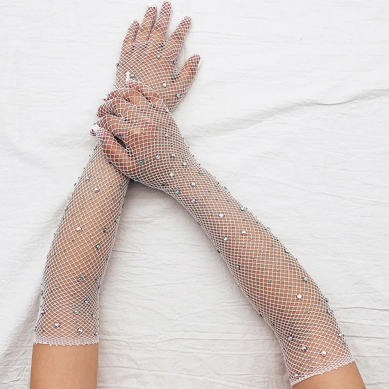 Ladies Pageant Dress Rhinestones Gloves Sheer Fishing Net Punk Hiphop Women's Gloves Diamonds Fancy Cosplay cotton gloves wedding dress gloves