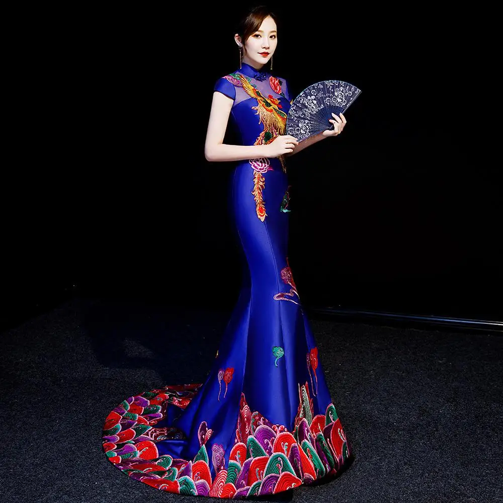 Party Evening Cheongsam Retro Sexy Slim Embroidery Dress Marriage Gown Chinese Style Wedding Long Qipao Bodycon Dress Vestido new cascading style wedding flowers waterfall lily of the valley tulip holding fake bouquet for marriage buquê de noiva