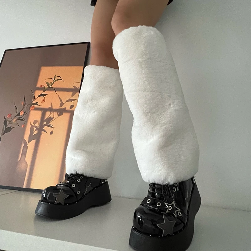 Harajuku Y2k Fashion Girls Faux Rabbit Fur Leg Warmers Women Goth Punk Rave Cyber Fluffies Costume Leggings Boot Covers Clubwear