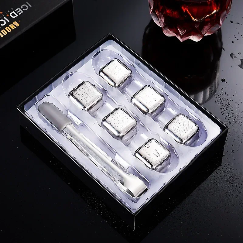 6Pcs Stainless Steel Ice Block Set with Ice Clamp Reusable Stones Whiskey Wine Cooling Cube Bartenders Tools Accessories