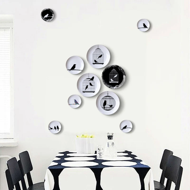 Black and White Bird Creative Wall Ceramic Hanging Plate Wall Decorative Dish Home Decor Crafts Hanging Room Decoration 2