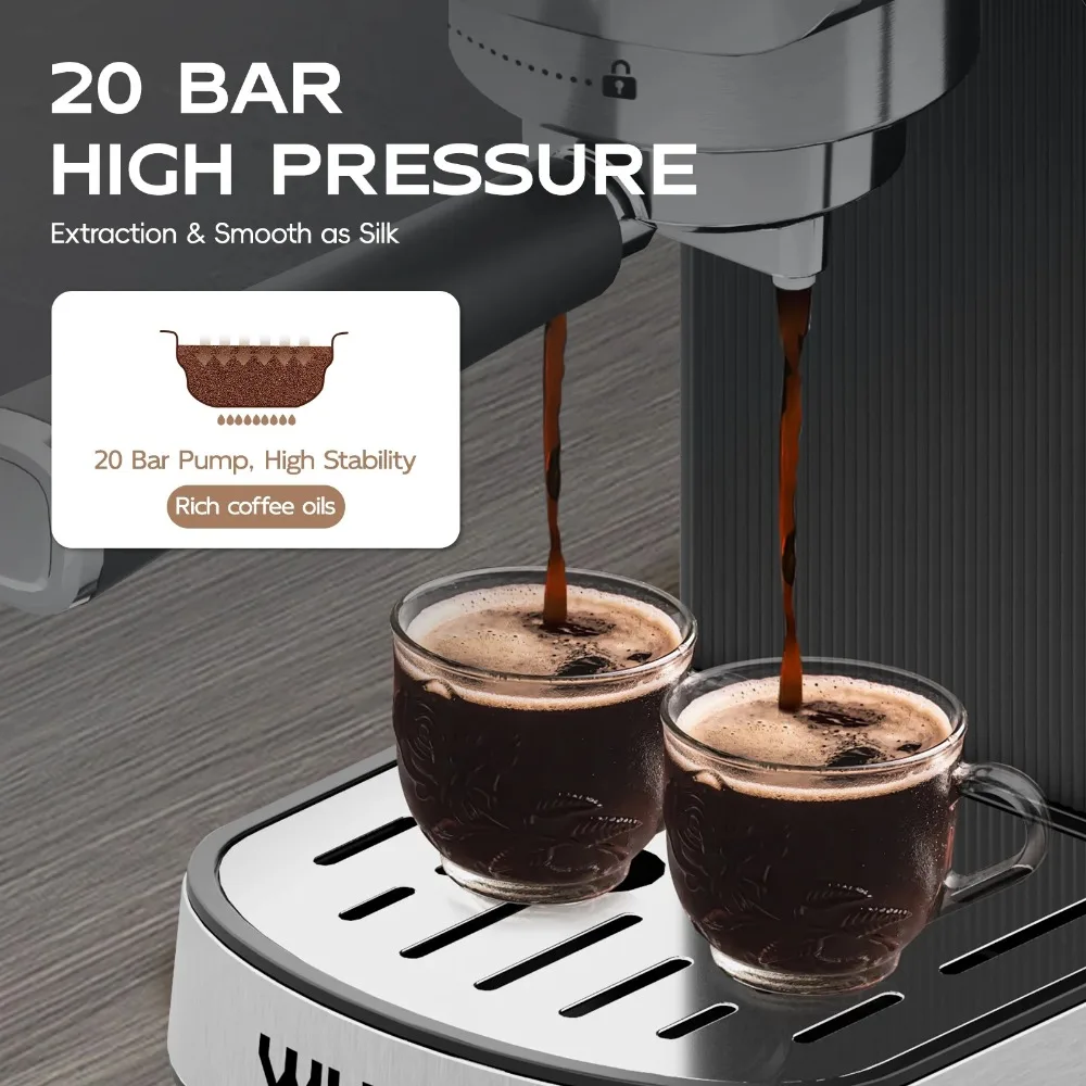 Machine 20 Bar，Espresso Coffee Maker with Milk Frother Steam Wand, Stainless Steel Coffee Machine 6