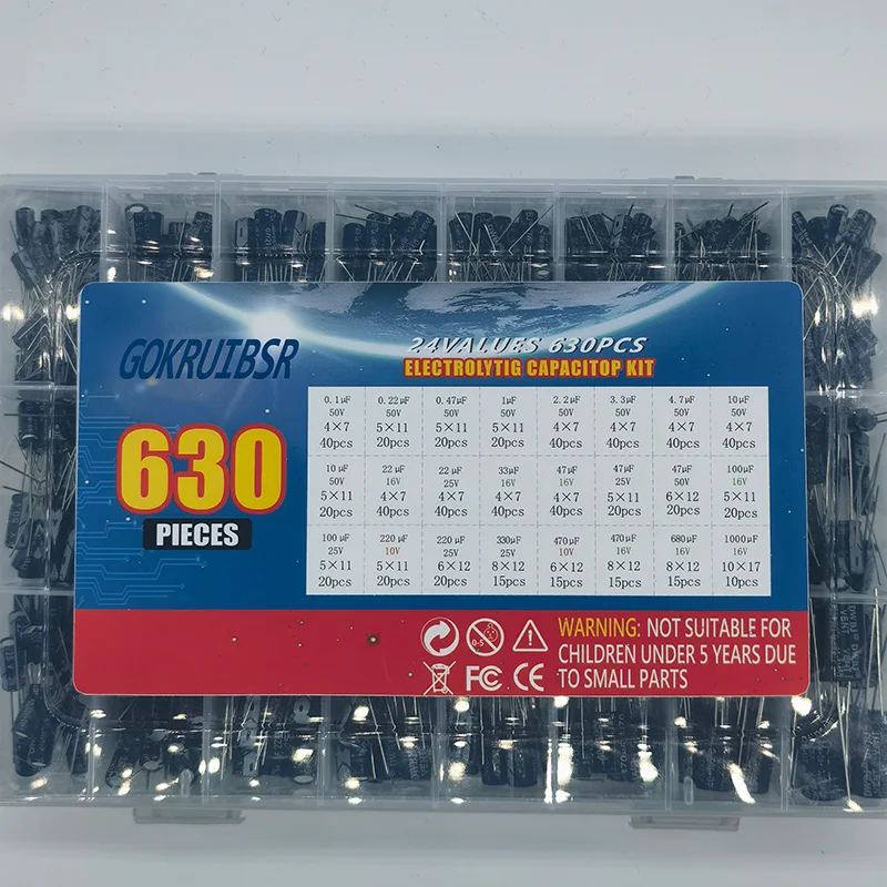 24Value 630pcs Aluminum Electrolytic Capacitor Assortment Box Kit Range 0.1uF－1000uF