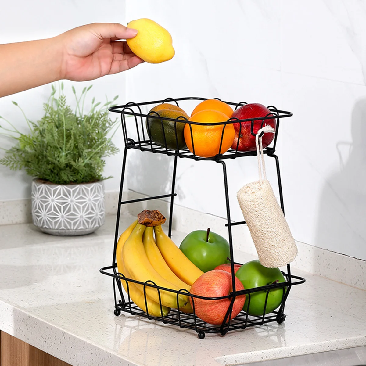

2 Tier Fruit Basket Detachable Vegetable Storage Stand with Banana Hangers Sturdy Iron Bread Basket Multifunctional Fruits