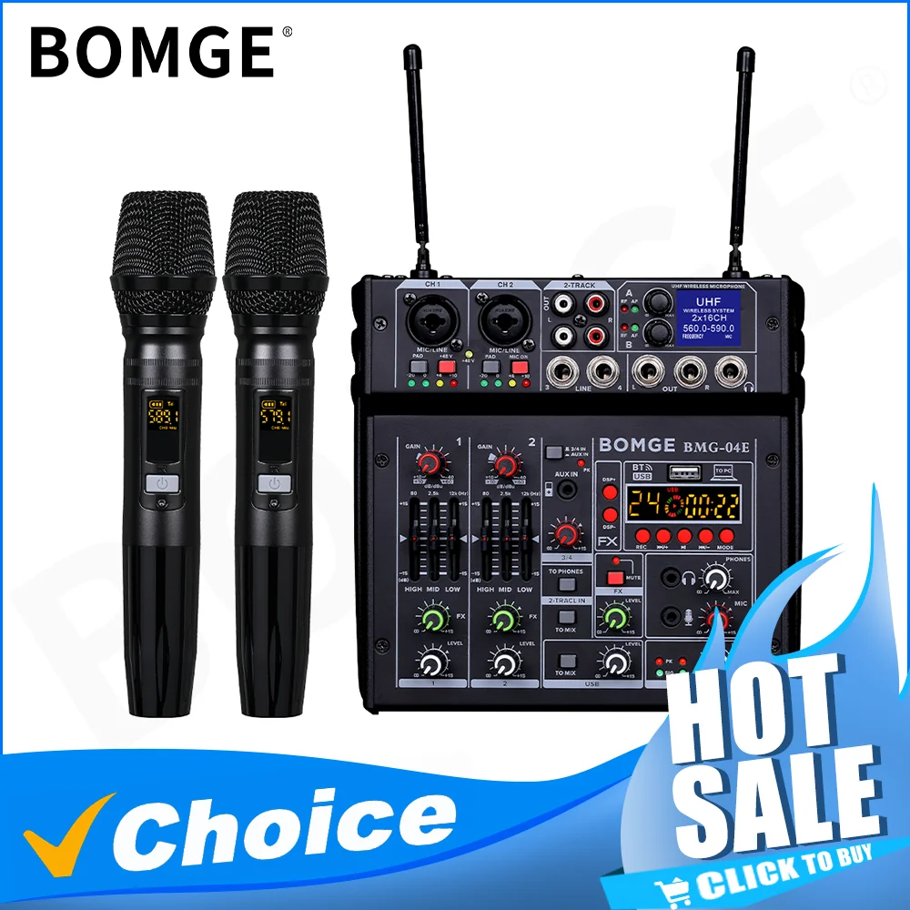 BOMGE 04E karaoke Audio mixer 4 Channel Sound Mixer With Dual UHF Wireless Mic DJ Mixing for Party Computer Studio Recording audio mixer audio interface