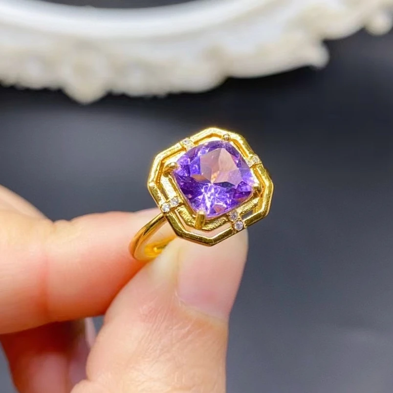 

925 Silver Crystal Ring for Woman 10mm 4ct VVS Grade Natural Amethyst Ring for Engagement 18K Gold Plated Amethyst Jewelry