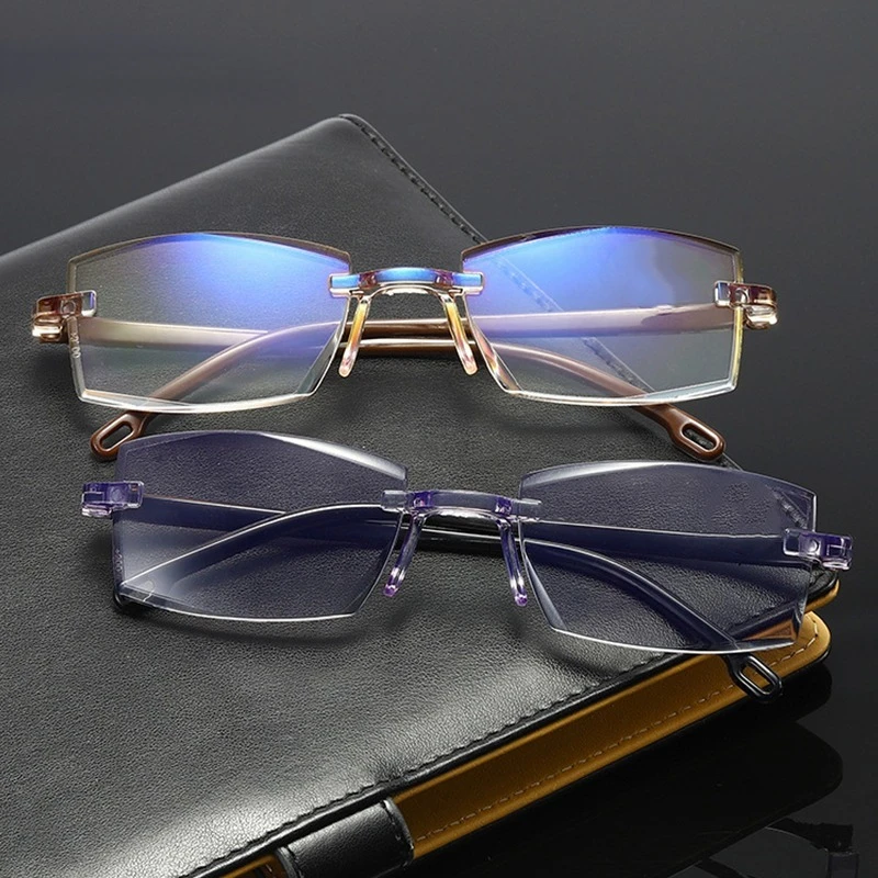 New Diamond Cut Bifocal Progressive Reading Glasses Men Blue Light Blocking Multifocal Eyeglasses Ultralight Rimless Eyeglasses