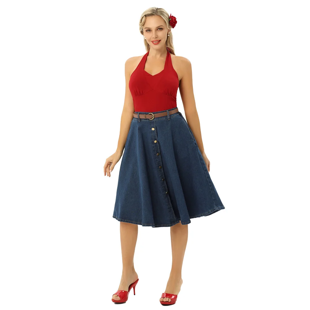 BP Women's Skirt Vintage Jean Midi Skirt With Belt Elastic High Waist A-Line Buttons Decorated Causal Elegant Woman Clothing