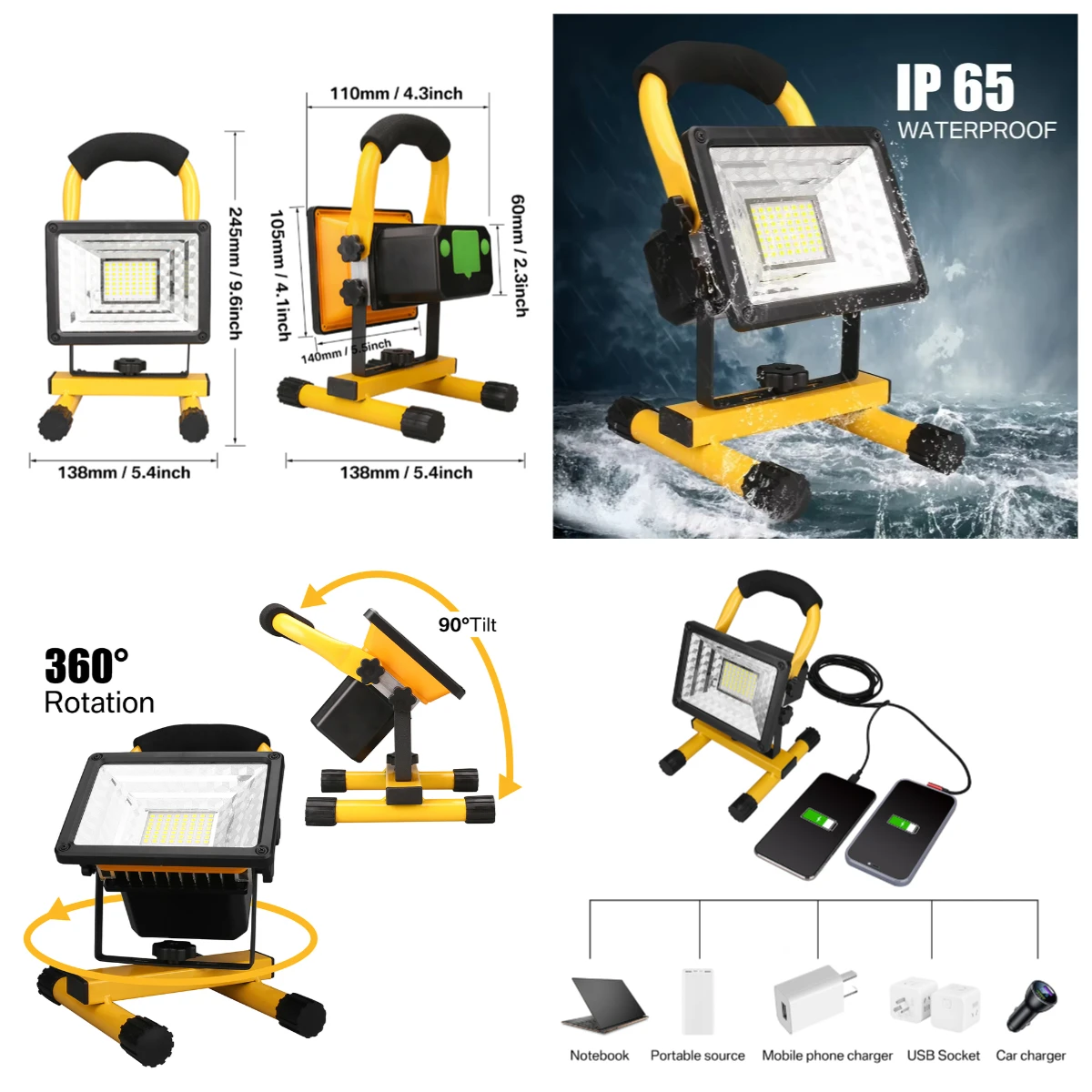 Led Work Light Work Light 60W LED Work Lights Rechargeable Floodlight Waterproof Portable Emergency Work Job Site Lights with Stand for Camping Travel