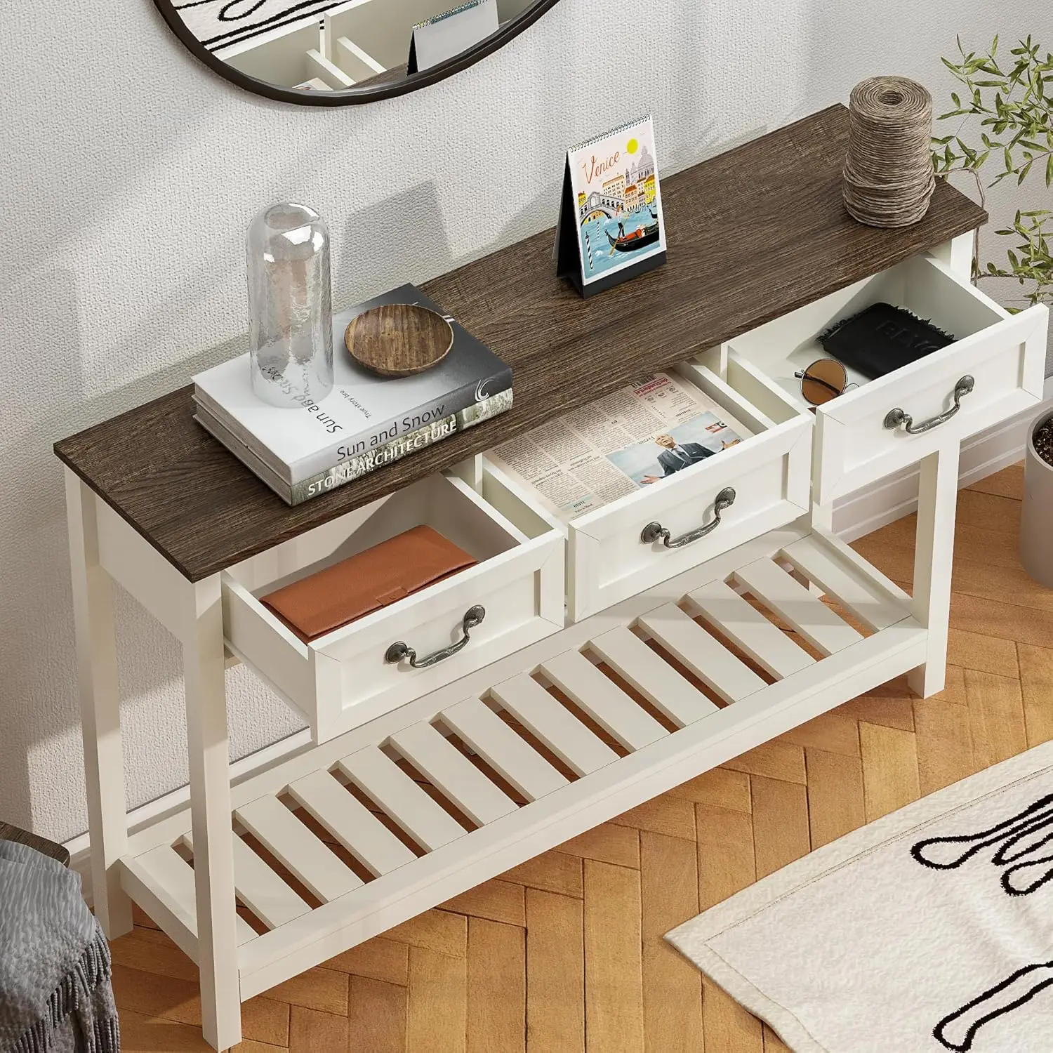 47" Farmhouse Console Table with 3 Drawers, Rustic Entryway Table, Narrow Long Sofa Table for Living Room, Hallway, Behind Couch 4