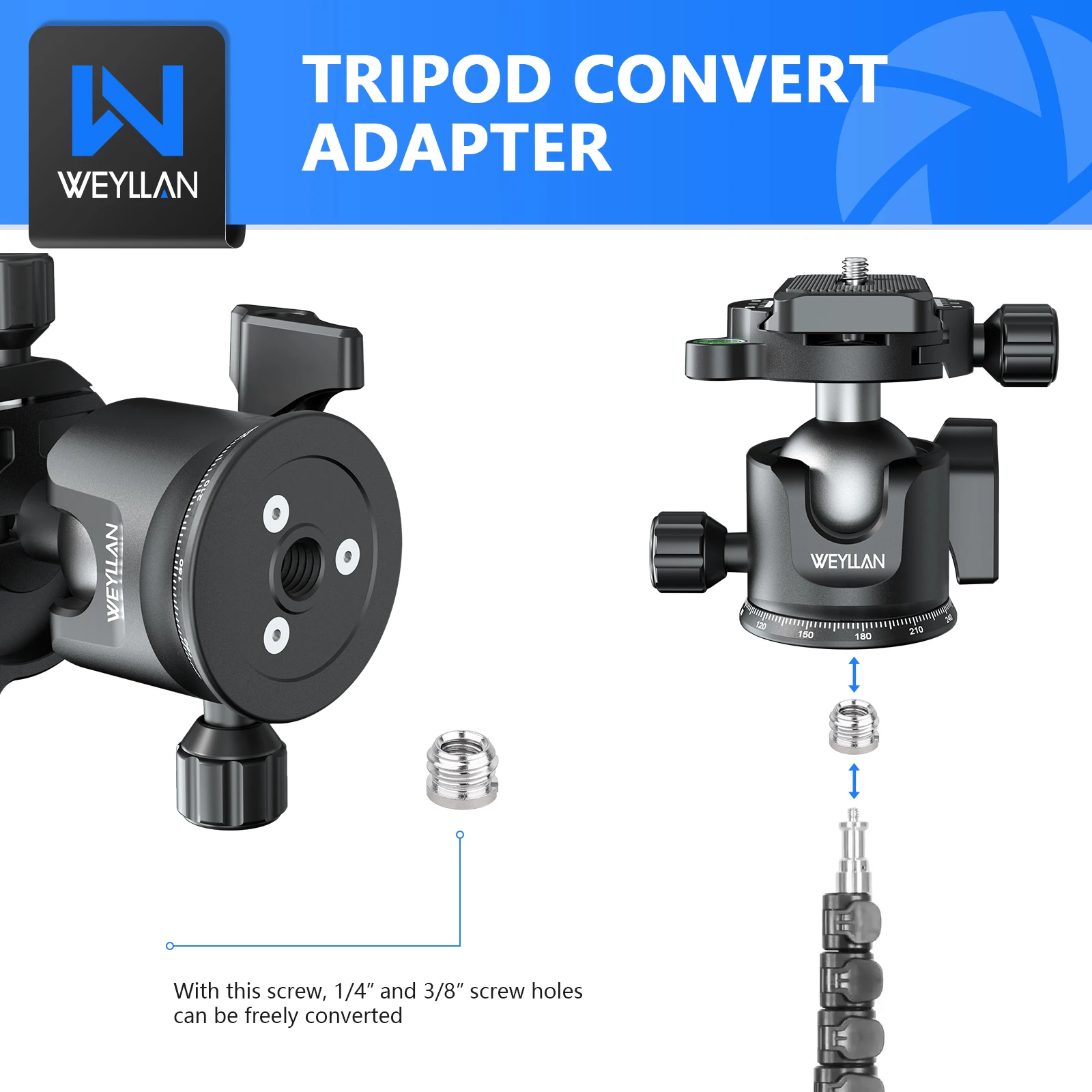 Weyllan EH36 Tripod Ball Head Low Profile Tripod Head Metal Lower Gravity Center Design Smooth Operation Max Load 15kg/33lbs tripod ball head
