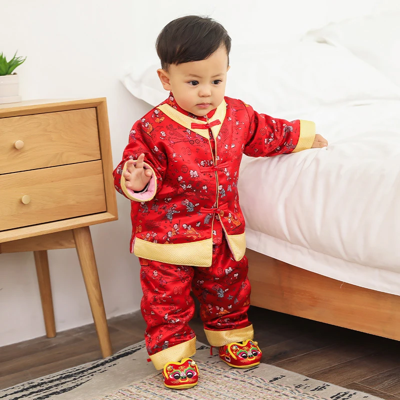 Baby Tang Suit New Year 3-Piece Set for Baby One Year Old Full Moon Dress Birthday Party Exquisite Jacquard Embroidery