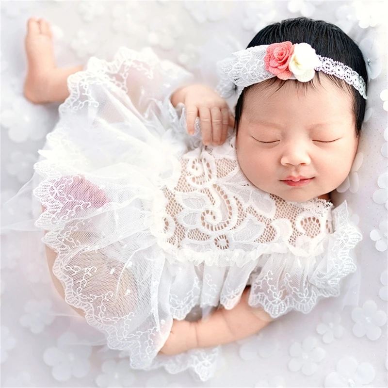 

Infant Photo Props Clothes Photography Outfit Lace Dresses Headband Shower Gift QX2D