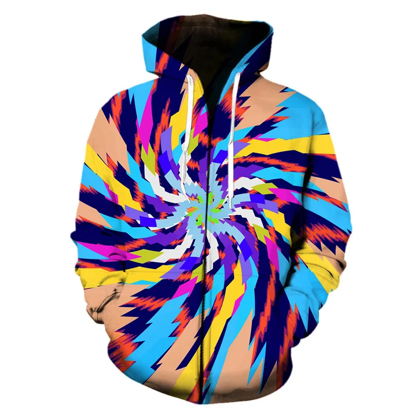 Sudadera con capucha y cremallera con patrón abstracto artístico para hombre, sudadera con capucha informal de manga larga con estampado geométrico 3D colorido, sudaderas Harajuku