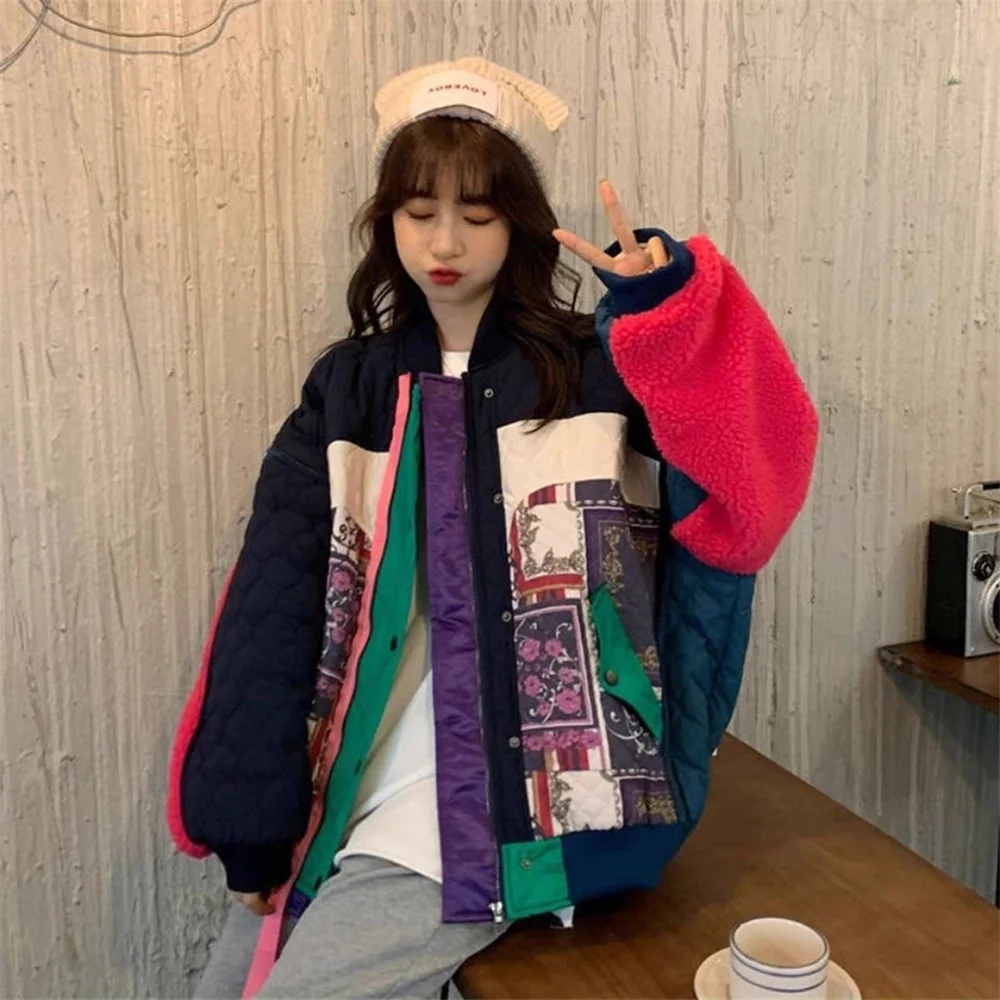 Contrast Color Patchwork Baseball Jersey With Lamb Wool Loose Fitting Women's Winter 2023 New Coat Trend