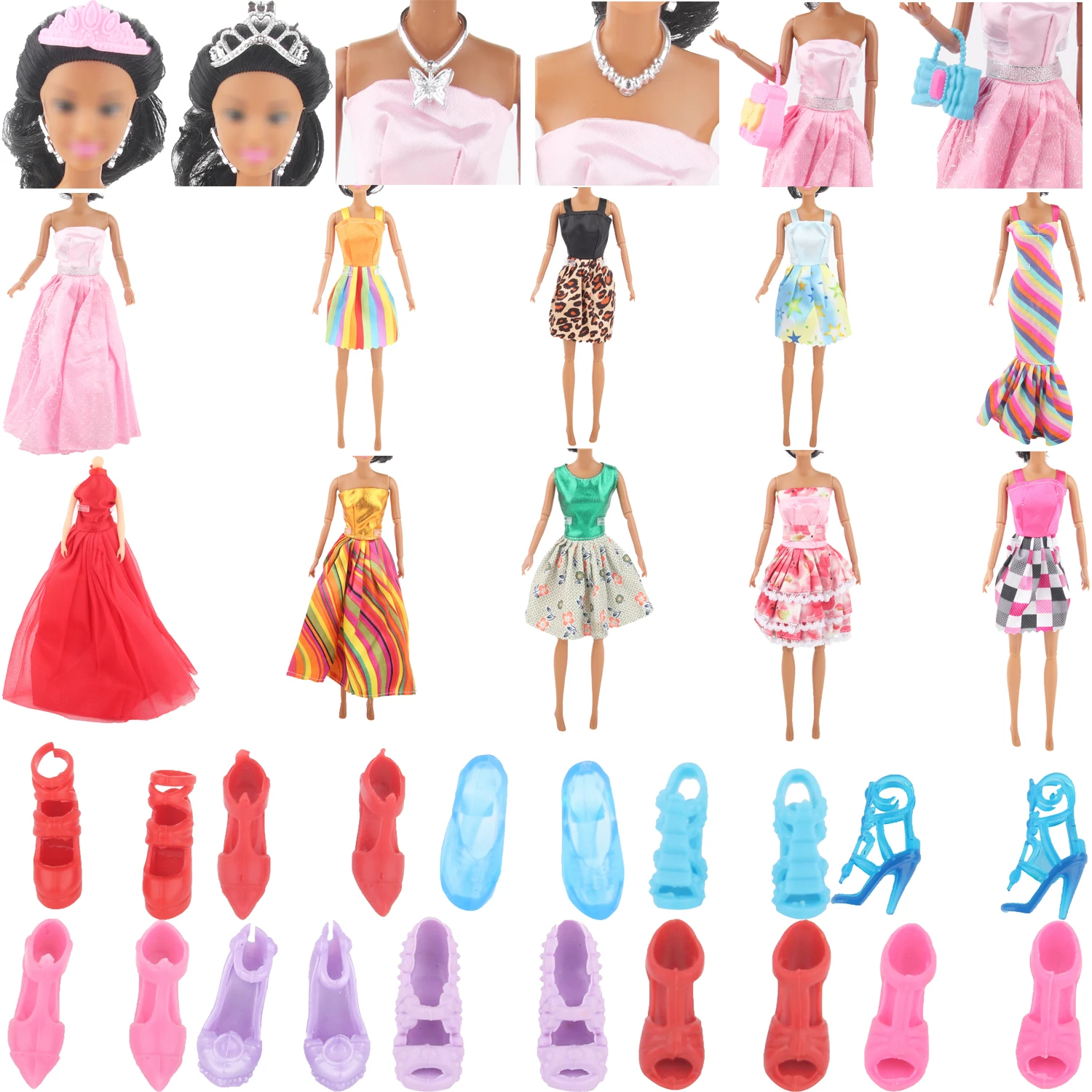 1 Pack 1/6 Doll Accessories 10 Shoes 10 Clothes 2 Necklaces 2 Hair Accessories 2 Bags Suit For 30 BJD Barbi Blyth DIY Dolls Gift