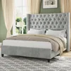 Queen Size Platform Bed Frame Velvet Upholstered Beds with Nailhead Trim Wingback Headboard 51.6" Tall, Queen Bed Frame 1