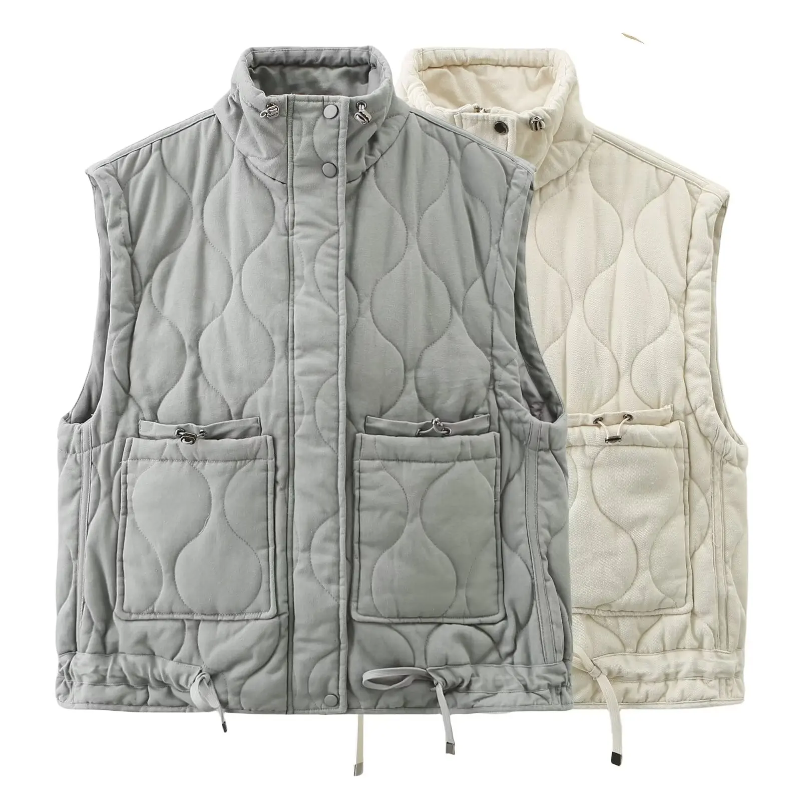 

Women's Diamond Washed Cotton Vest, Chic Zipper, All-Match Pocket Top, Spring and Summer Fashion, New, 2024