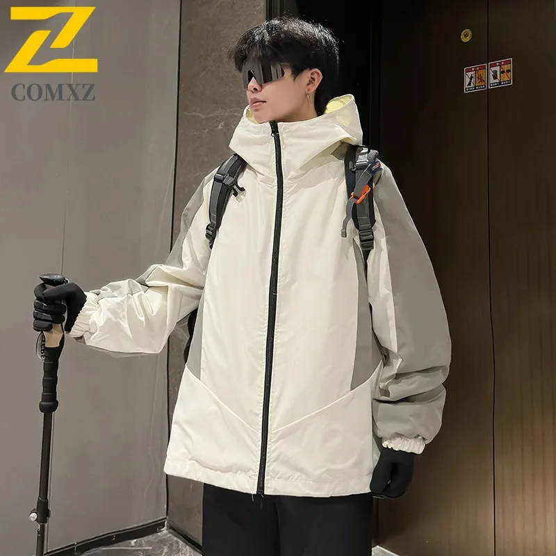 COMXZ Couple Color Block Double Sided Wear Loose Fit Waterproof Hooded Windbreaker 2025 Spring Autumn Casual outdoor Jacket Coat