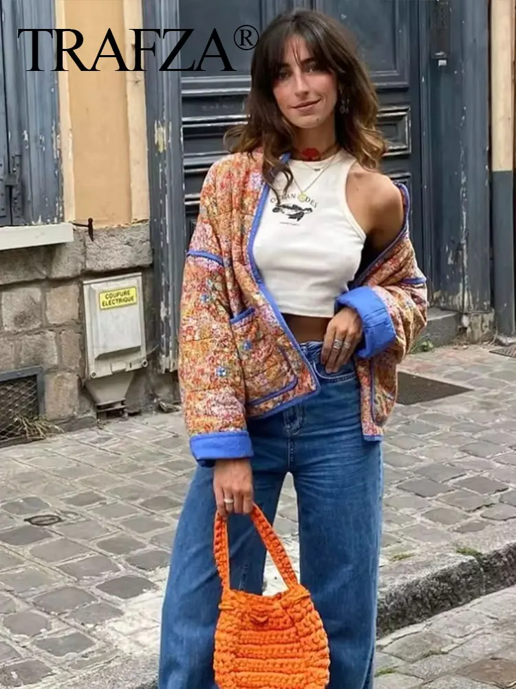 HH Women Casual Flower Print Stand Collar Jacket Pocket Long Sleeve Female Coat 2024 Autumn Vintage Lady Outwear