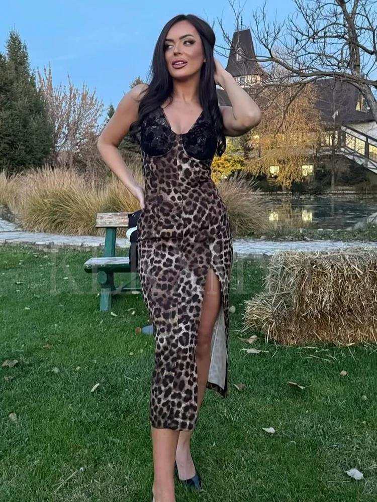 Women Sexy Lace Dress Vintage Leopard Print Long Dresses for Women 2025 New Chic Backless Nightclub Party Dresses ﻿