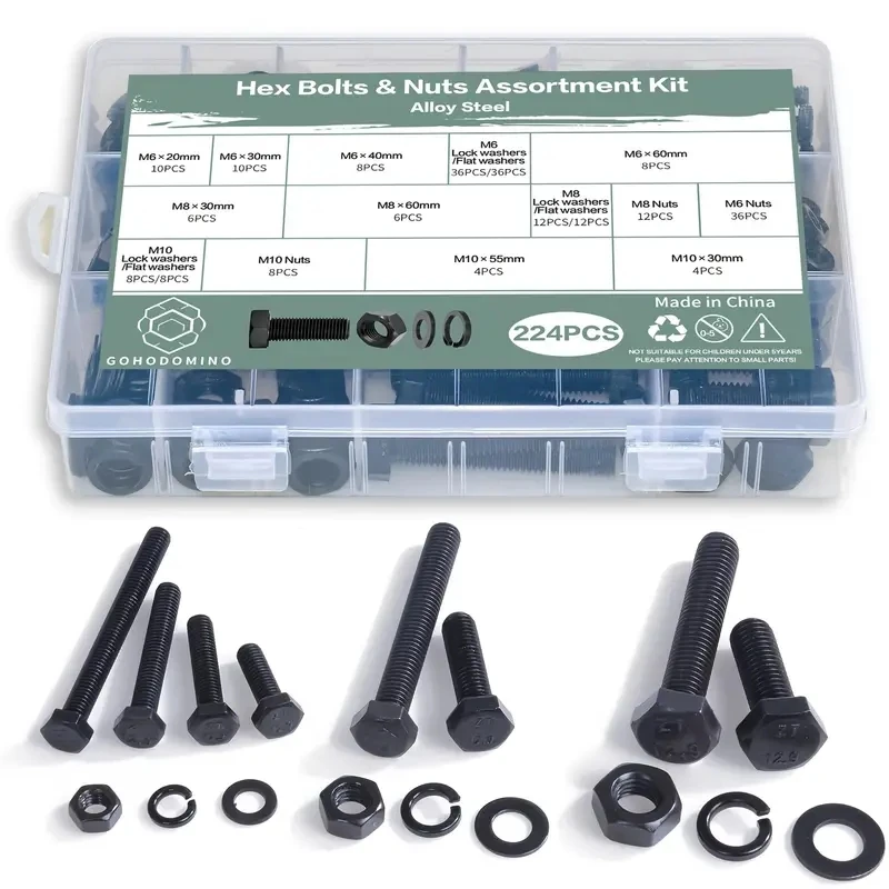 Hex Head Bolts and Nuts Kit 224 M6 M8 M10 Heavy Duty Flat Washer and Non-slip Washer Combination