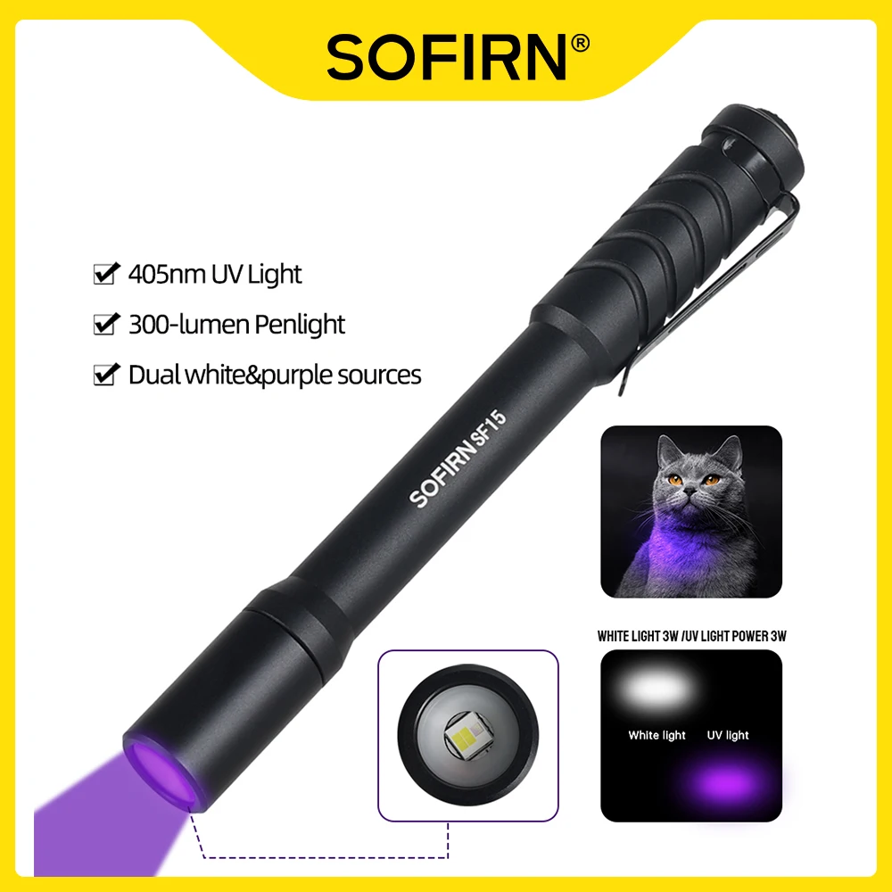 Sofirn-SF15 UV Flashlight 405nm Dual Purple 300lm White Penlight Portable AAA Ultraviolet Torch for Detection/Pet/Urine/Stains