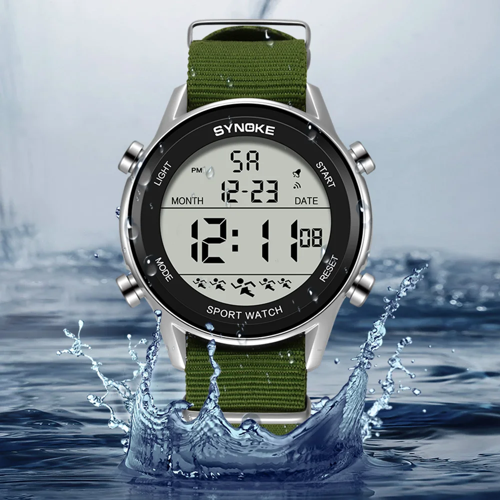 Synoke Men Outdoor Sports Multifunctional Waterproof Large Screen Display Luminous LED Digital For Men Nylon Strap Watch 4