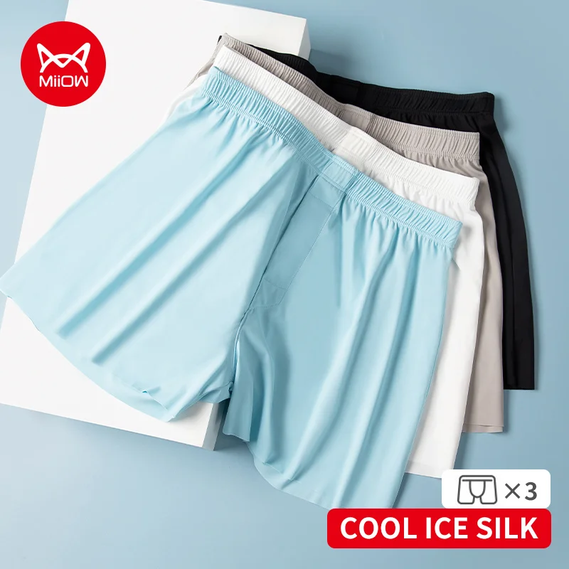 MiiOW 3 قطعة الحرير الجليد ملابس داخلية للرجال تنفس الصيف الرجال سراويل boxershorts كبيرة الحجم السراويل عادية رجالي المنزل السهم السراويل