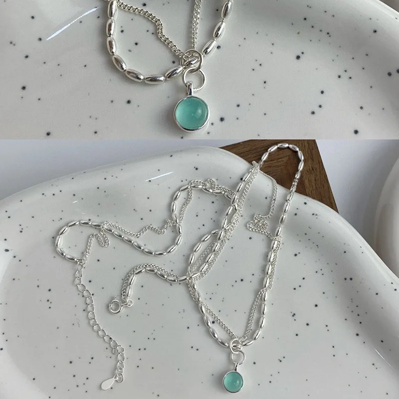 VENTFILLE  925 Sterling Silver Green Crystal Double Layer Necklace For Women Design Temperament Versatile Jewelry Gift Wholesale