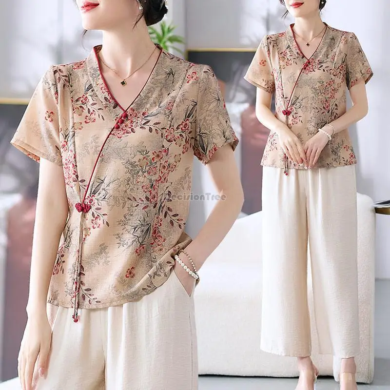 

2023 summer chinese style women ethnic style short-sleeve fashion v-neck shirt flower printing elegant retro tang suit top s365