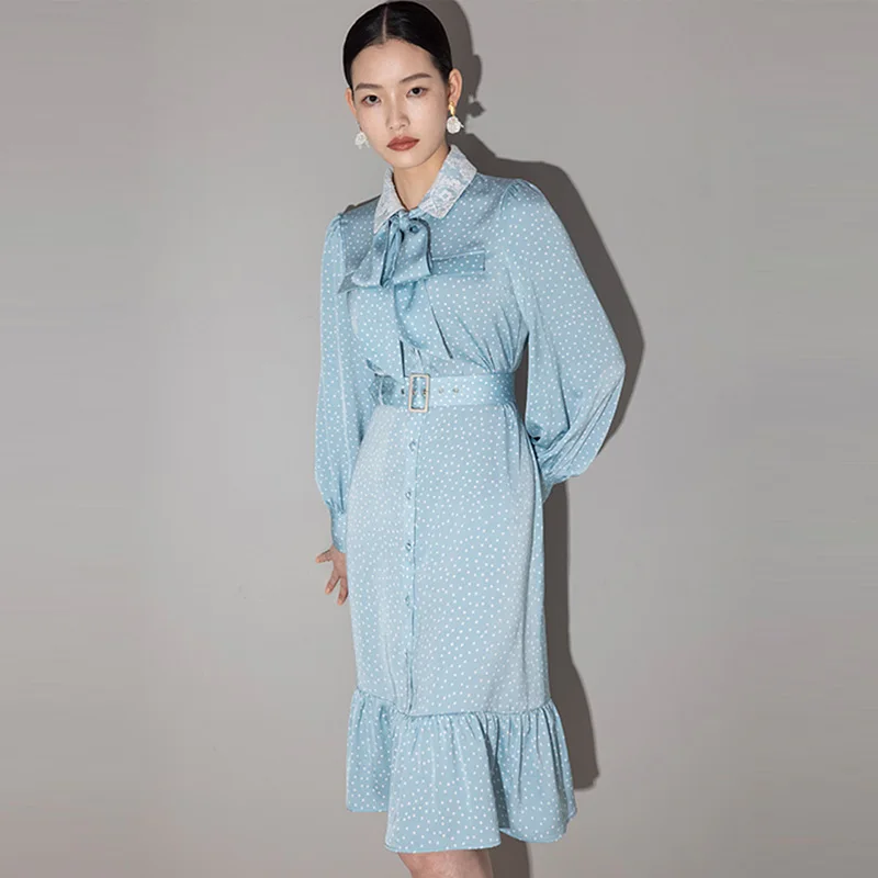 

High end Hepburn style dress early spring new women's dress French Lantern Sleeve temperament wave point skirt